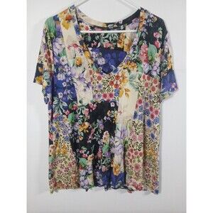Johnny Was Sky Flower Favorite Short Sleeve Vneck Swing Tee Sz XL Multicolor EUC